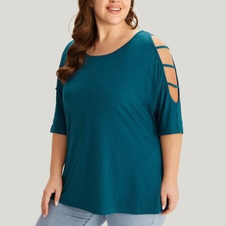 Women's 3/4 Sleeve Hollowed Out Shoulder Top UK 22-24