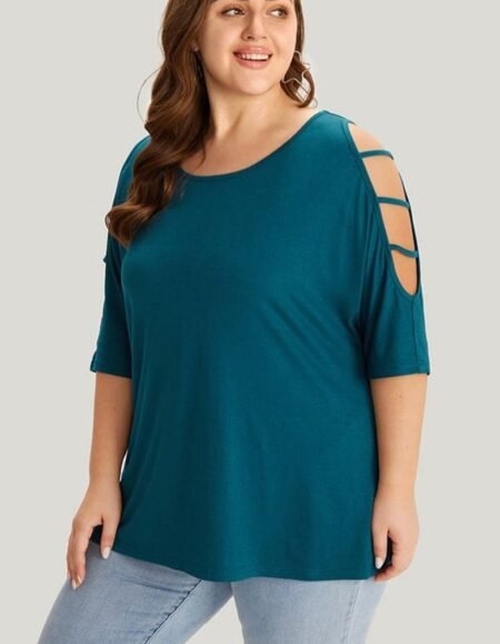Women's 3/4 Sleeve Hollowed Out Shoulder Top UK 22-24