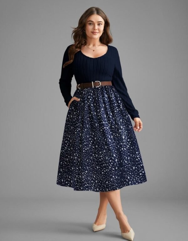 Elegant Plus Size Floral Midi Dress with Scalloped Hem