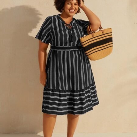 Striped Patchwork Tassels Ties Shirred Dress UK 18-20