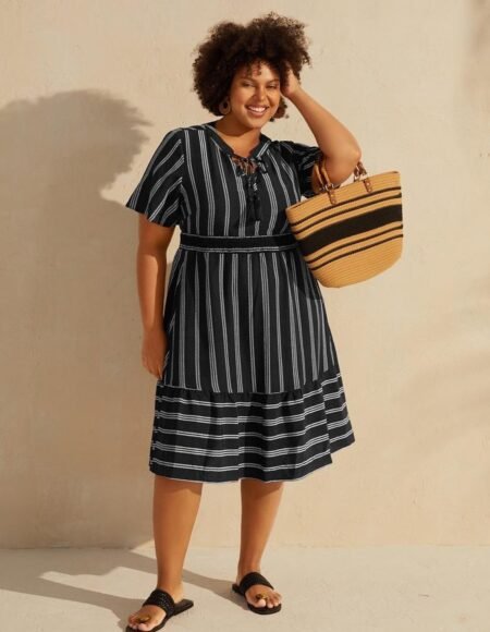 Striped Patchwork Tassels Ties Shirred Dress UK 18-20