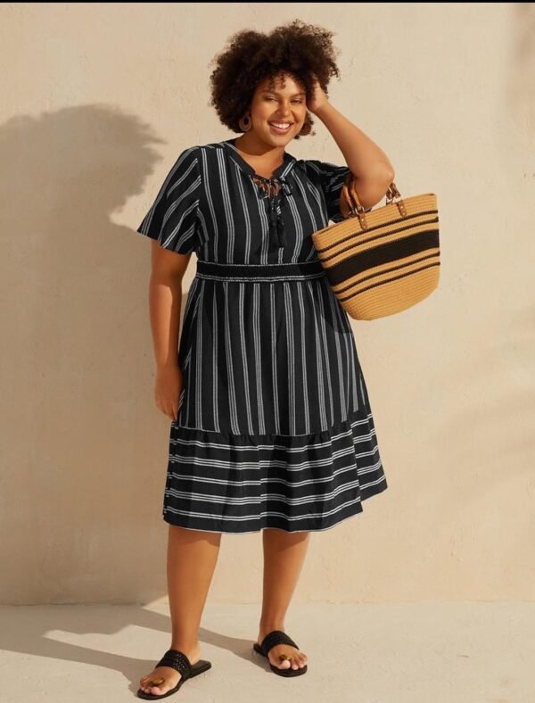 Striped Patchwork Tassels Ties Shirred Dress UK 18-20