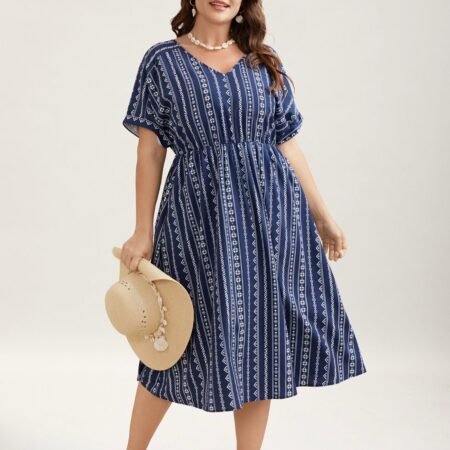 Striped Waist-Cinched Dolman Sleeve Midi Dress