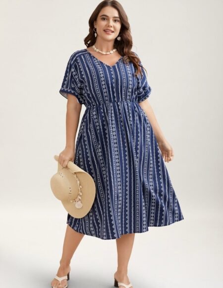 Striped Waist-Cinched Dolman Sleeve Midi Dress