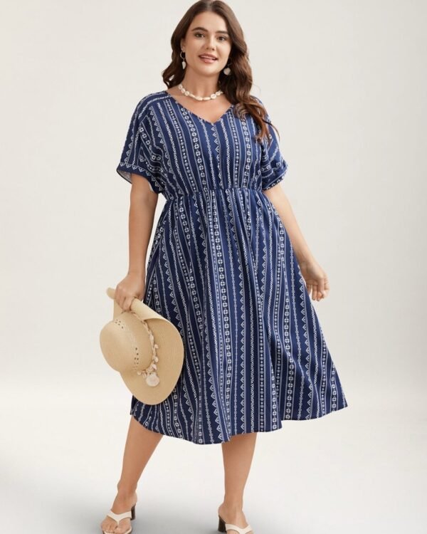 Striped Waist-Cinched Dolman Sleeve Midi Dress