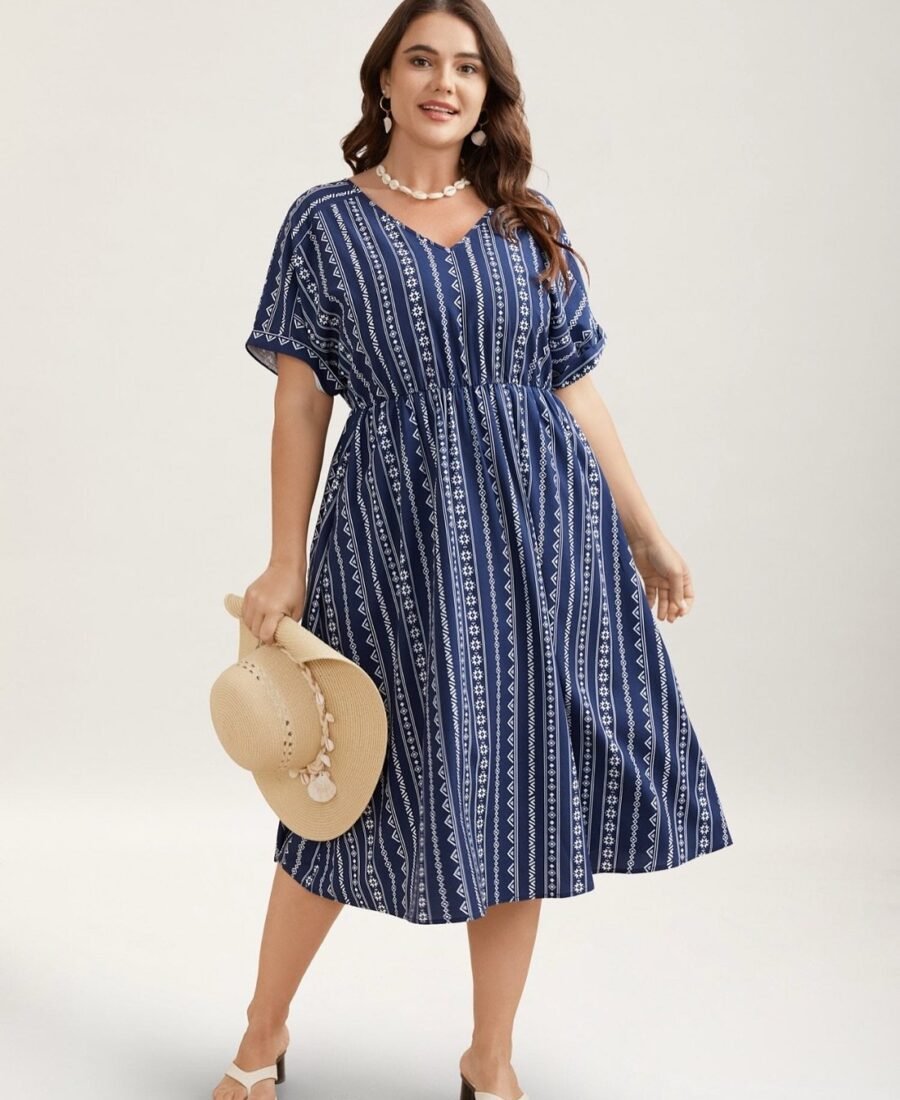 Striped Waist-Cinched Dolman Sleeve Midi Dress