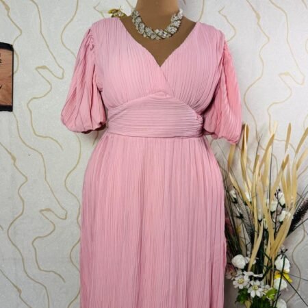 Pleated Puff Sleeve Low Back Midi Dress