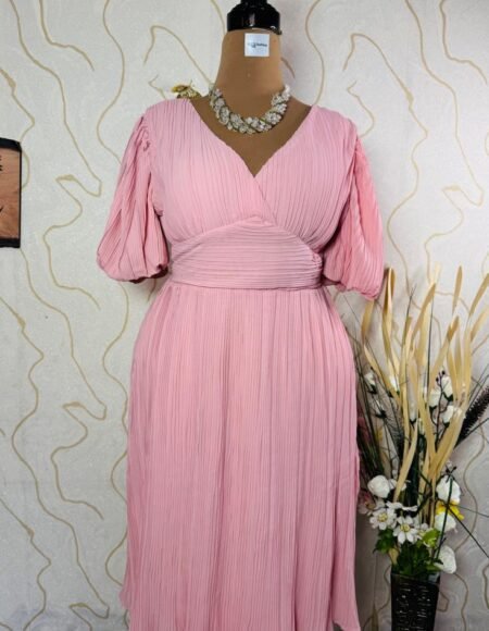 Pleated Puff Sleeve Low Back Midi Dress