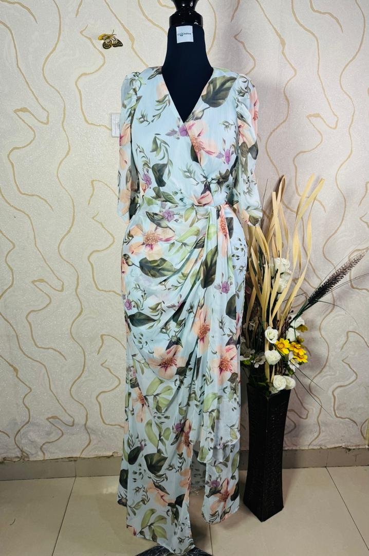 Occasion Floral Puff Sleeve Maxi Dress -blue