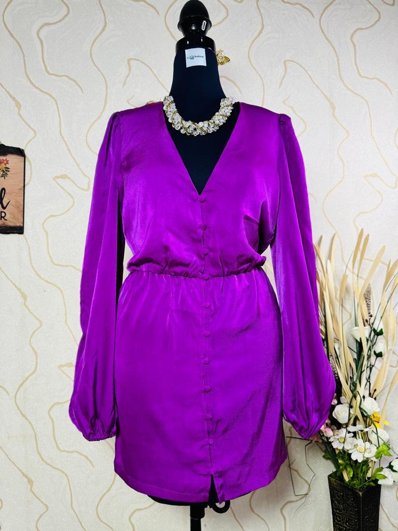 Satin Blouson Sleeve Mini Dress - Purple/pink