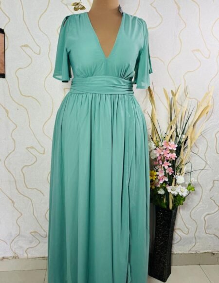 Chiffon Plunge Rouched Maxi Dress - Sage