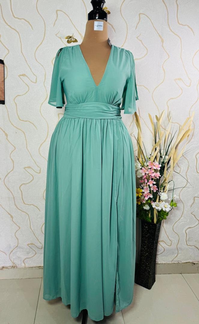 Chiffon Plunge Rouched Maxi Dress - Sage