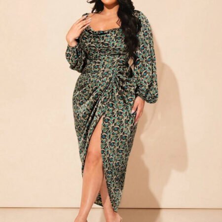 Plus size green floral draped collar ruched split tie back satin dress.