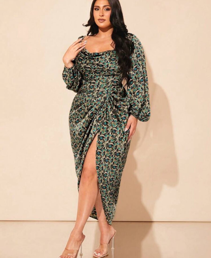 Plus size green floral draped collar ruched split tie back satin dress.
