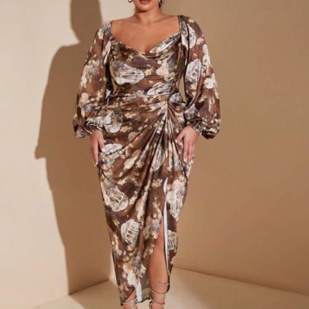 Plus-size angel floral pattern, neckline, draped scoop neck, puff sleeves, side slit, loose satin dress.