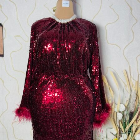 Stretchy sequin feather cuff shift party dress -berry
