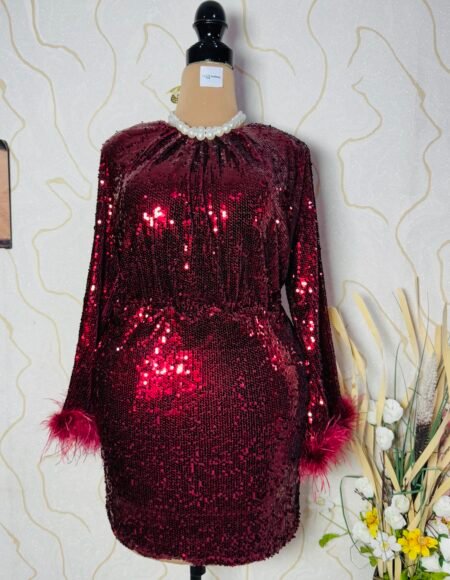Stretchy sequin feather cuff shift party dress -berry