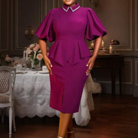 Beaded shirt collar peplum midi dress - Purple/pink