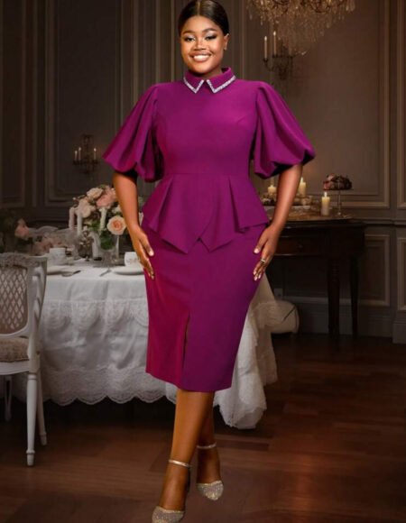 Beaded shirt collar peplum midi dress - Purple/pink