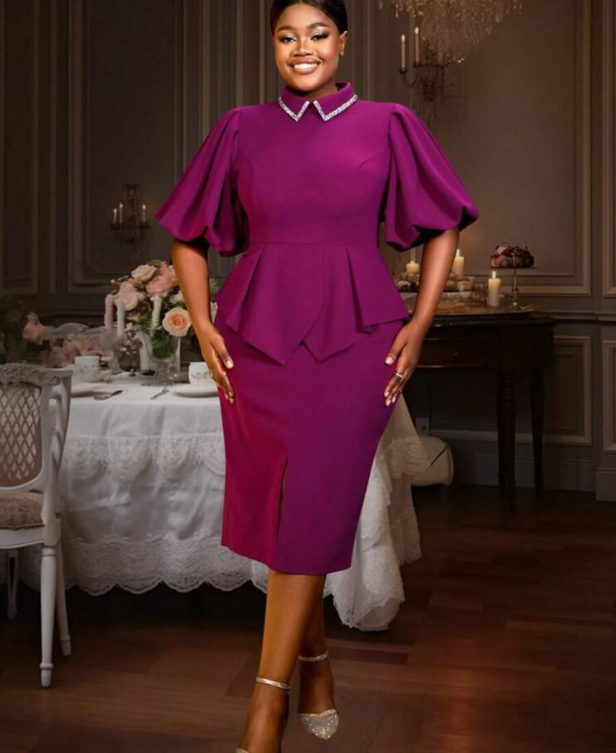 Beaded shirt collar peplum midi dress - Purple/pink