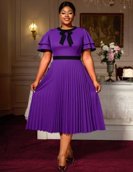 Pleated midi dress with ruffle sleeve