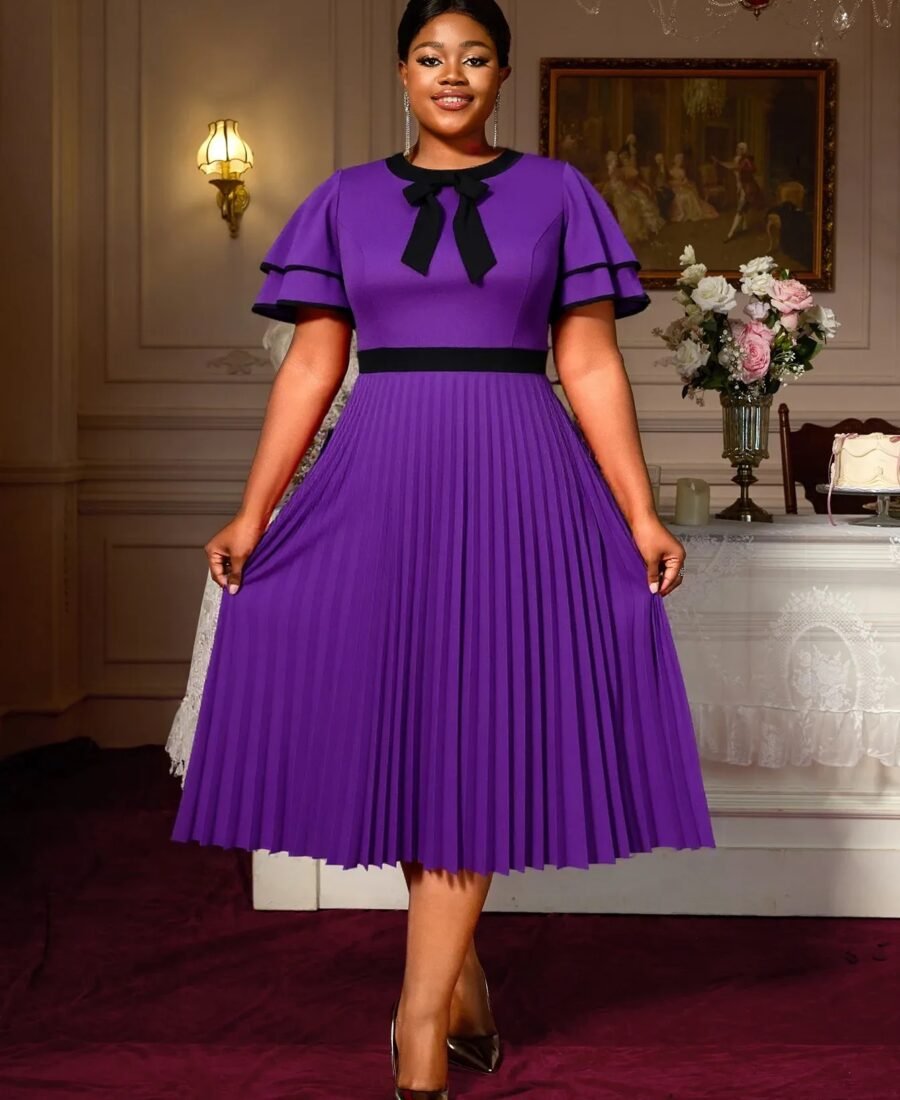 Pleated midi dress with ruffle sleeve