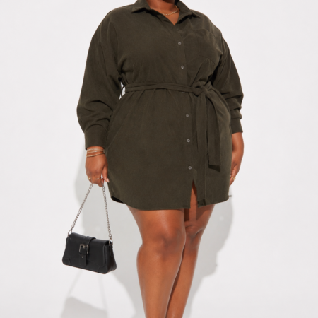 Olive Utility Belted Corduroy Shirt Dress