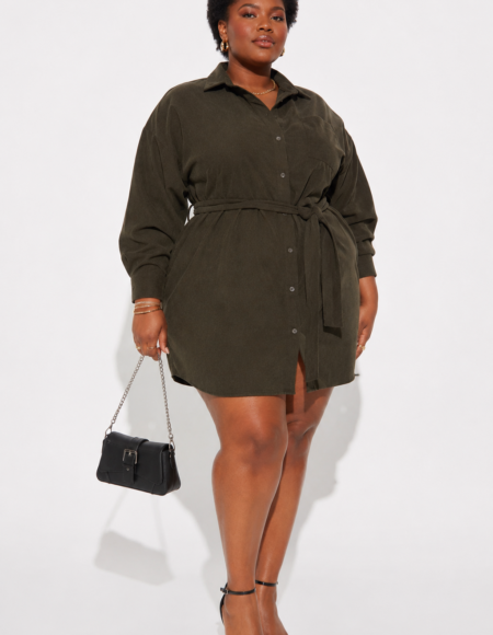 Olive Utility Belted Corduroy Shirt Dress