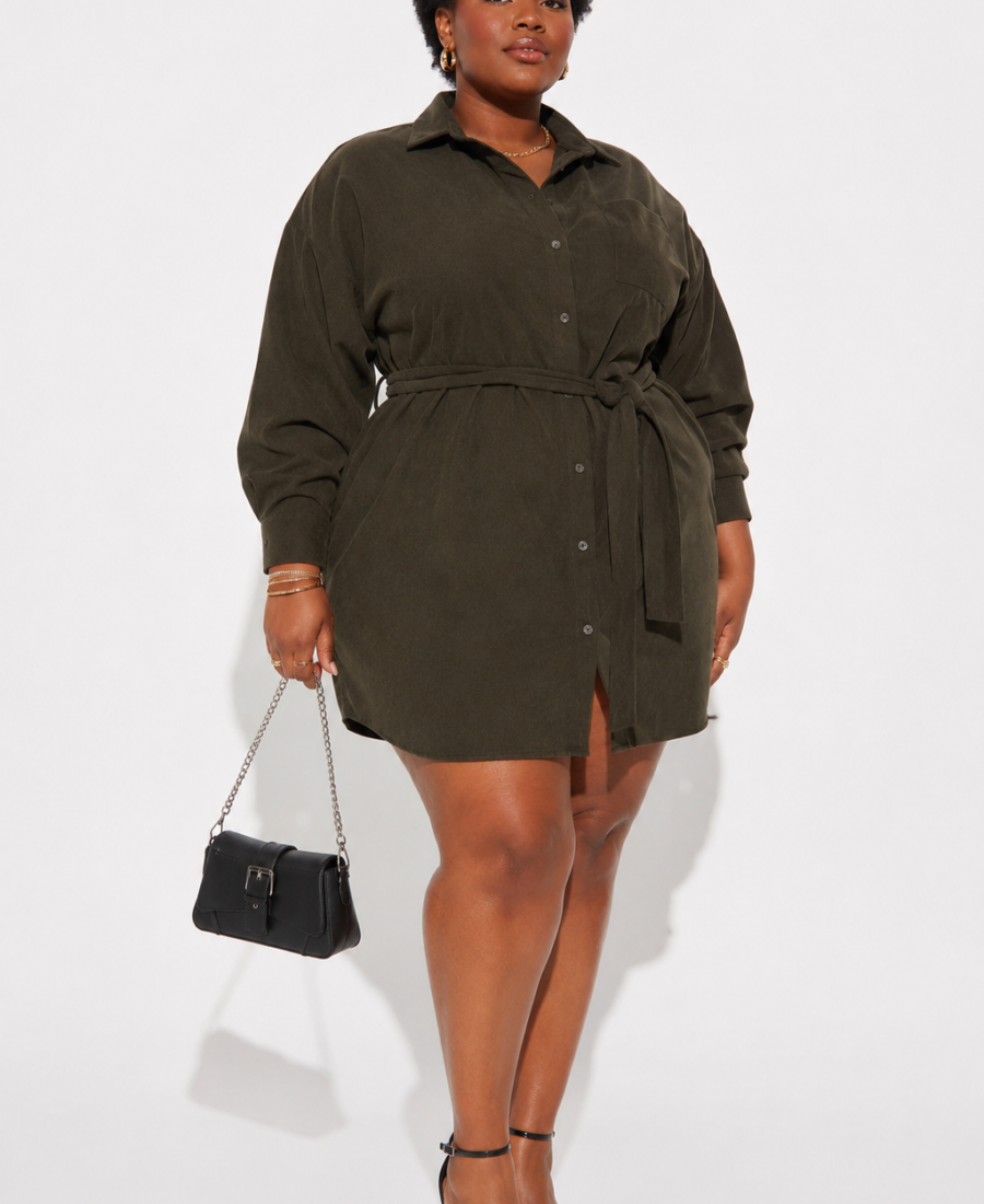 Olive Utility Belted Corduroy Shirt Dress