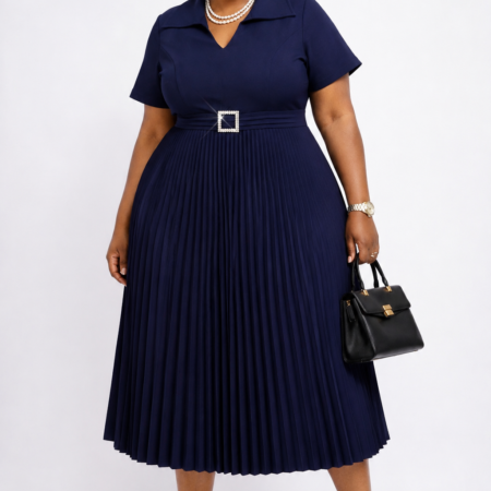 Regal Navy Pleated Midi Dress