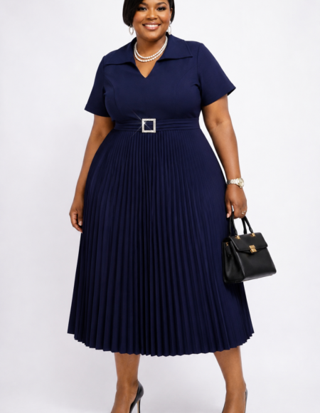 Regal Navy Pleated Midi Dress