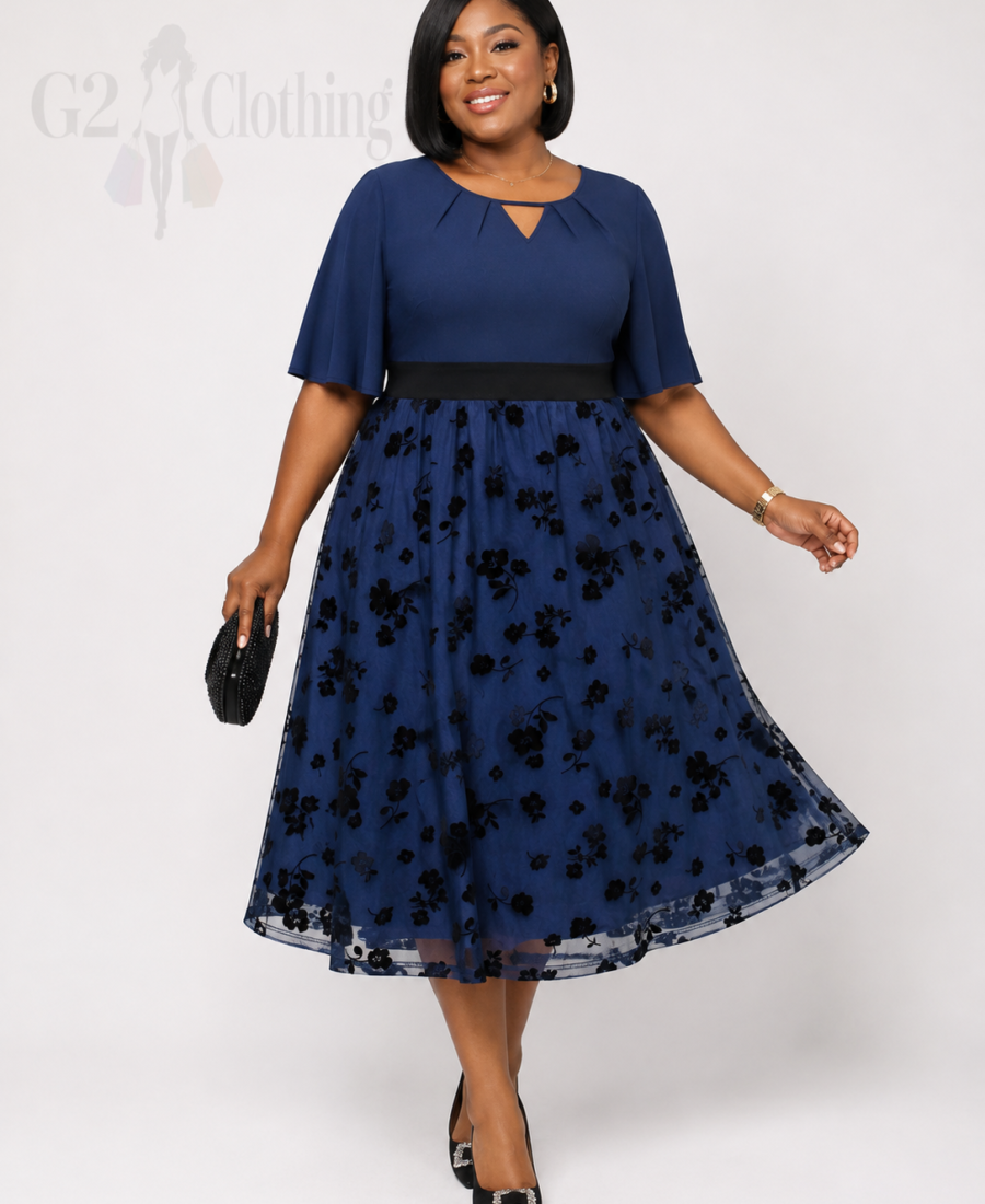 Midnight Bloom Floral Mesh Midi Dress