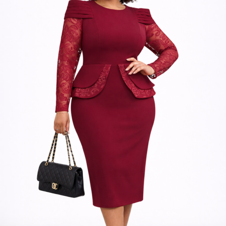 Burgundy Lace Peplum Midi Dress