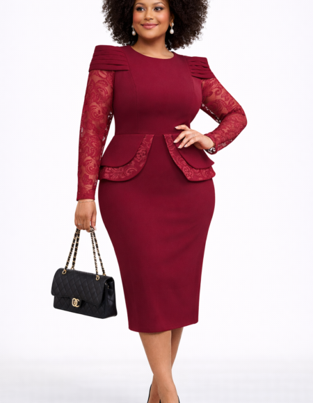 Burgundy Lace Peplum Midi Dress