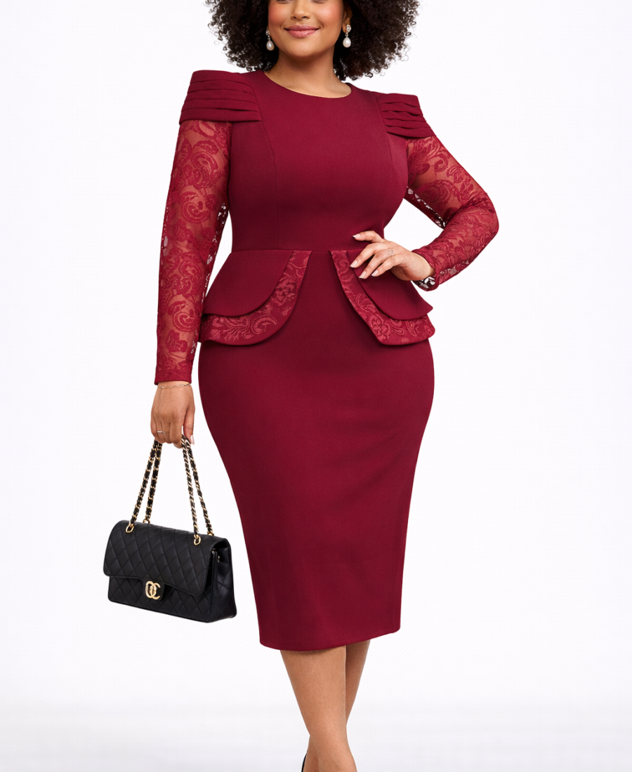 Burgundy Lace Peplum Midi Dress